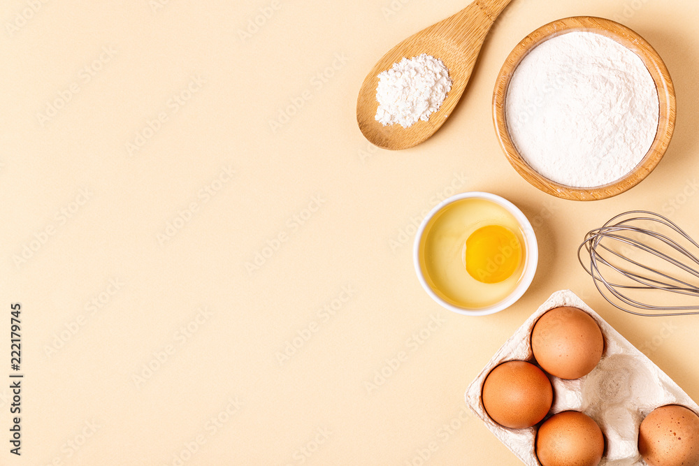 Ingredients and utensils for baking on a pastel background. - obrazy, fototapety, plakaty 