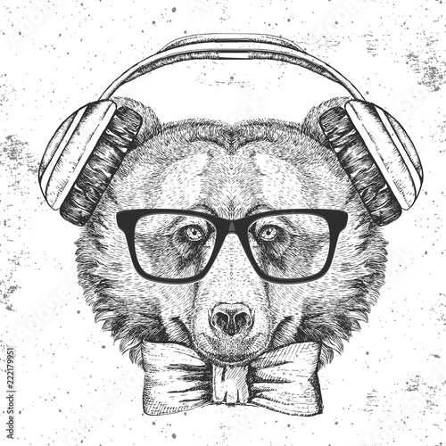 Hipster animal bear. Hand drawing Muzzle of animal bear