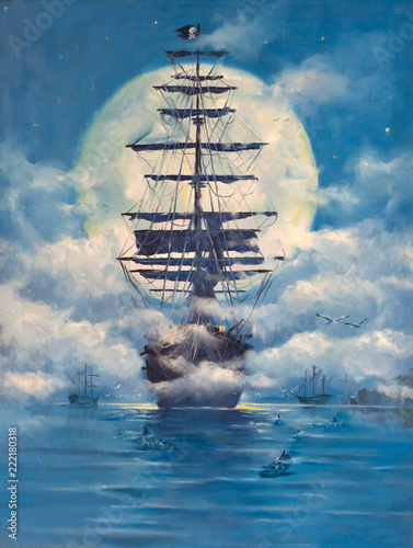 Sailing pirate Ghost ship, flying Dutchman in the open sea on moonlit night. Painting. Painting with oil paints
