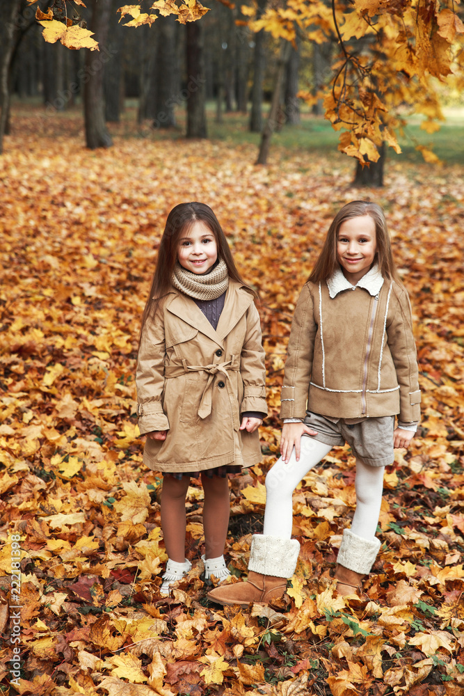 two beautiful happy baby girls having fun in autumn park, among fallen leaves