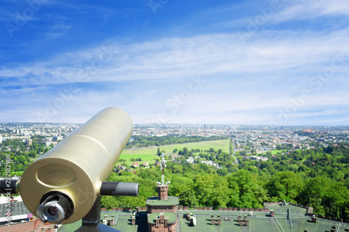 Binoculars with panoramas view of Krakow, Poland.