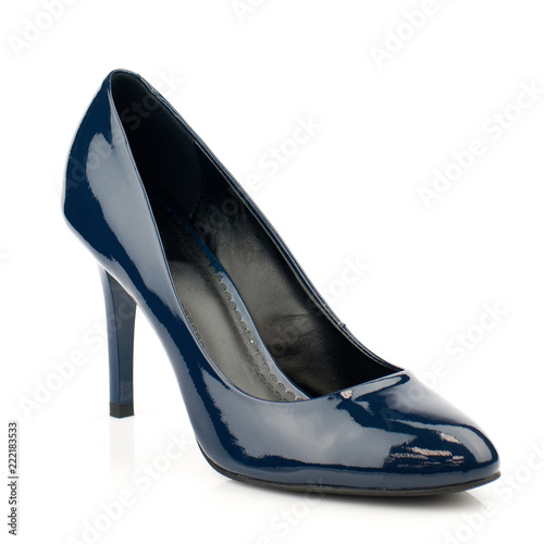 Elegant dark blue shoe isolated on white background.Side view.
