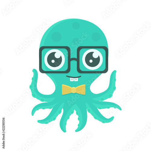 Vector illustration of cute kid octopus with glasses and bow tie.