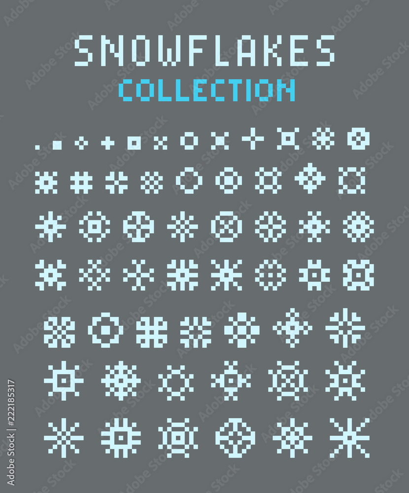 Pixel art set of silhouettes of snowflakes