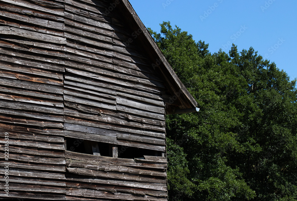 Baufälliger Schuppen mit Wald im Hintergrund bei blauen Himmel Baufälliger Schuppen mit Wald im Hintergrund bei blauen Himmel