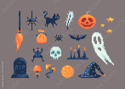 Pixel art set of different items for design on Halloween.