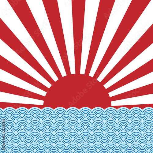 Fototapeta vector of red sun ray of japan rising sun with blue wave