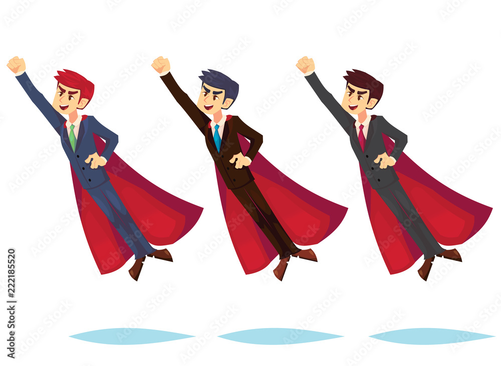 Powerful businessman superhero hero set in red cape pose fly. Business man in business clothes suit Young caucasian office worker Vector illustrations in cartoon style