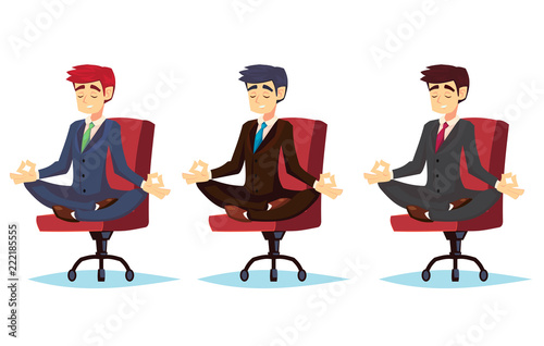 Illustration of a calm, young cartoon businessman sitting cross-legged, smiling and meditating Business man in business clothes suit Vector illustrations in cartoon style character office worker