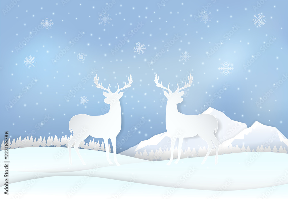 Deer in countryside and snowflake. Winter holiday, Christmas background Deer in countryside and snowflake. Winter holiday, Christmas background