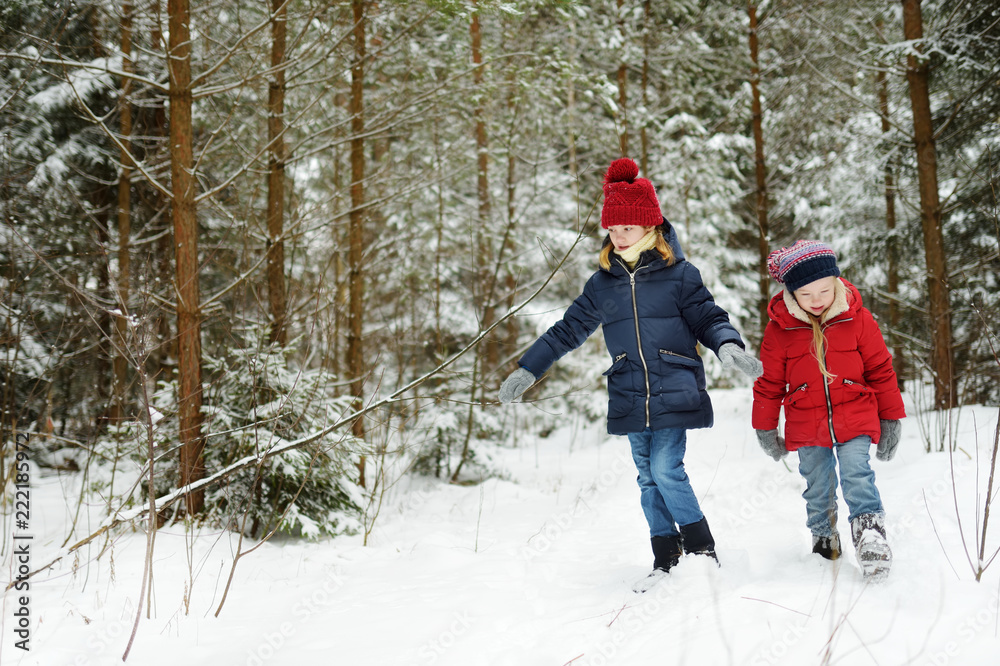 Two adorable little girls having fun together in beautiful winter forest. Beautiful sisters playing in a snow.