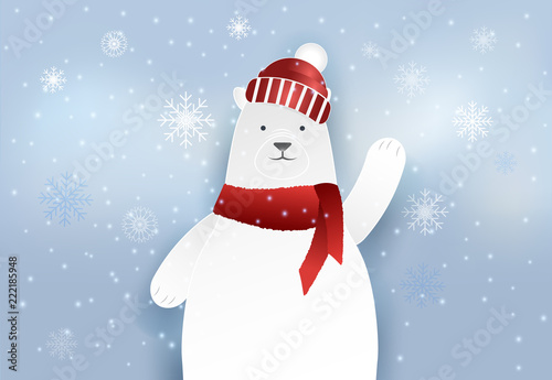 Polar bear and snowy paper art style Christmas holiday background, paper craft illustration