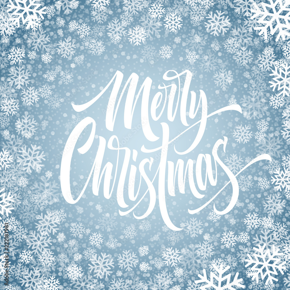 Merry Christmas hand drawn lettering in snowflakes frame