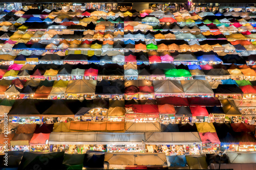 BANGKOK THAILAND. September 11,2018; The beautiful top view of night market with colorful tents, Ratchada Night Market, Bangkok. Thailand.