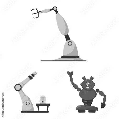 Vector illustration of robot and factory symbol. Set of robot and space vector icon for stock.