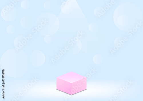 Blue background with pink podium and bokeh design