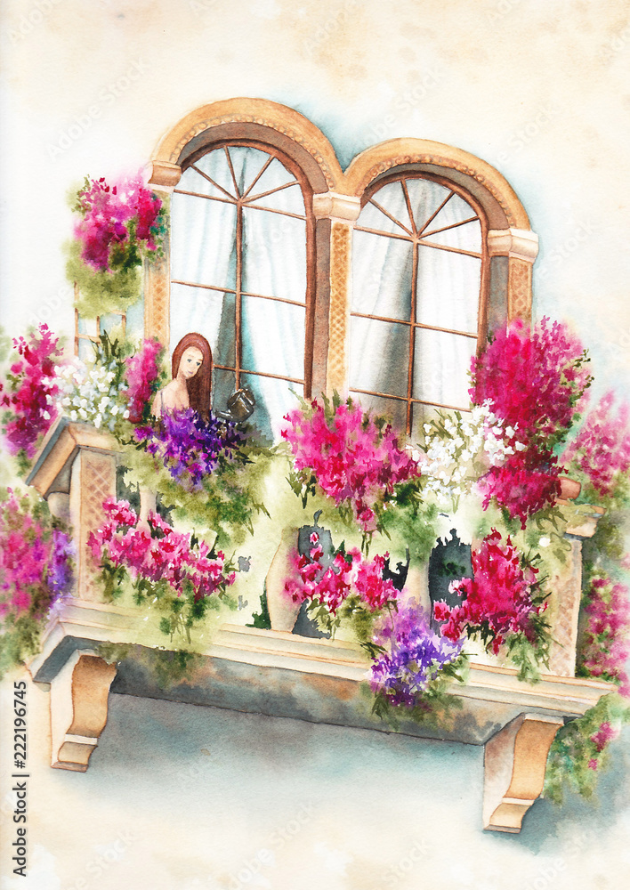 watercolor balcony in bright pink and purple flowers