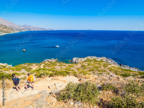 Panorama of Preveli beach (Palm beach) at Libyan sea, with river and palm forest, Crete, Greece
