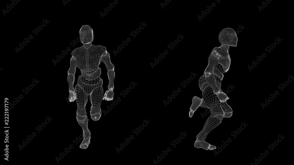 Wireframe: quarter-speed slow motion, dual view of male android - long-gaited run. Works as its own transparency mask. Seamless loop. Wireframe: quarter-speed slow motion, dual view of male android - long-gaited run. Works as its own transparency mask. Seamless loop.