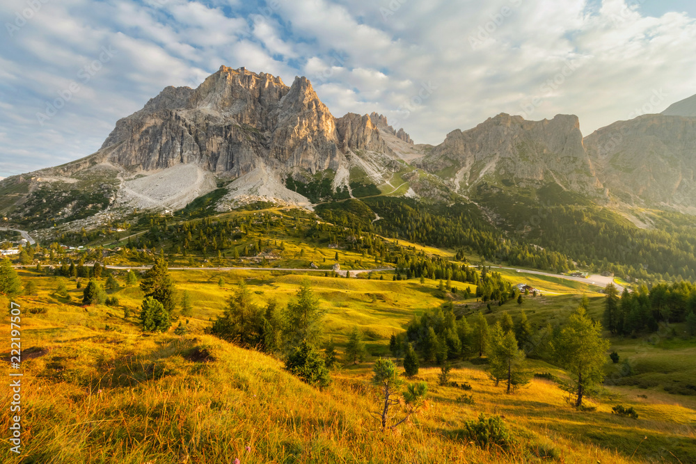 Naklejka premium Morning panorama view from top of Falzarego pass with Lagazuoi mountain range, South Tyrol, Italy, Europe.