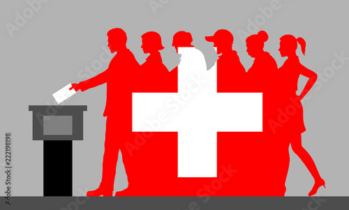 Swiss voters crowd silhouette like Switzerland flag by voting for election