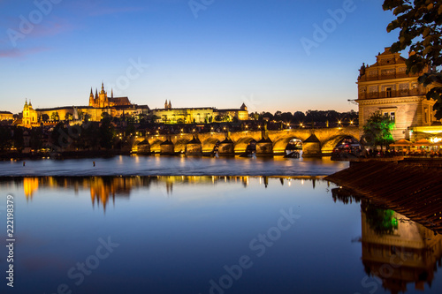 Prague castle and the Charles bridge at dusk