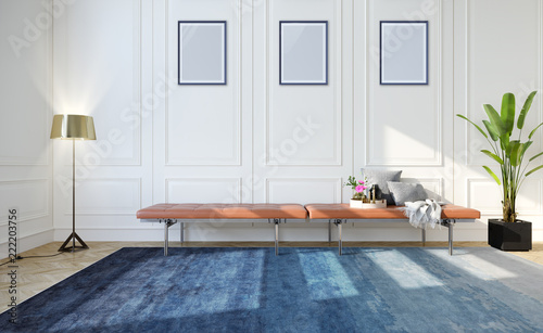 Modern bright interior with bench and rug 3d illustration