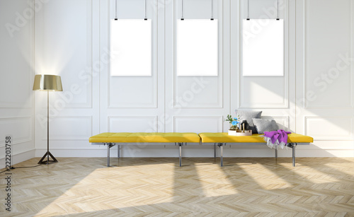 Modern bright interior with bench 3d illustration