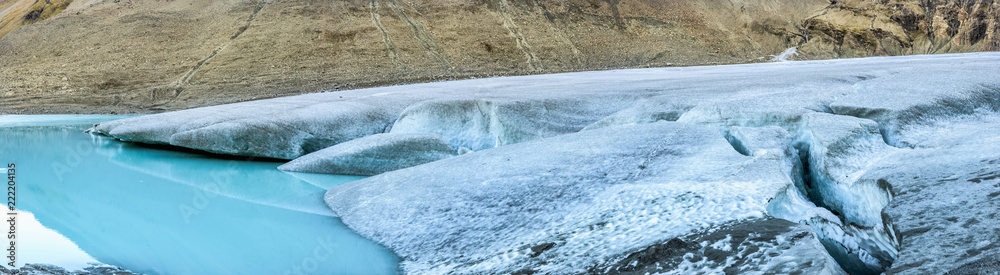 Wide panoramic view of the Steindalsbreen glacier in north Norway. Close up of Glacier.