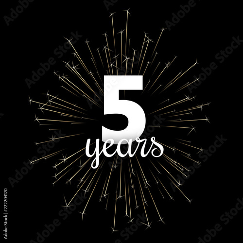 Black five years greeting card with golden firework.