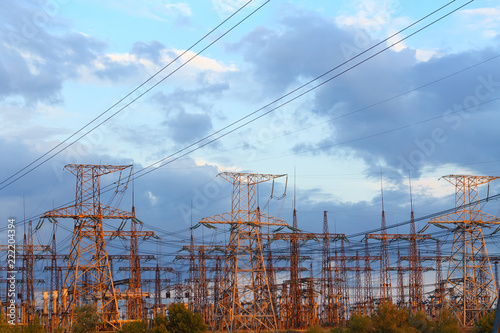 power line evening photo / industrial area shortly before sunset