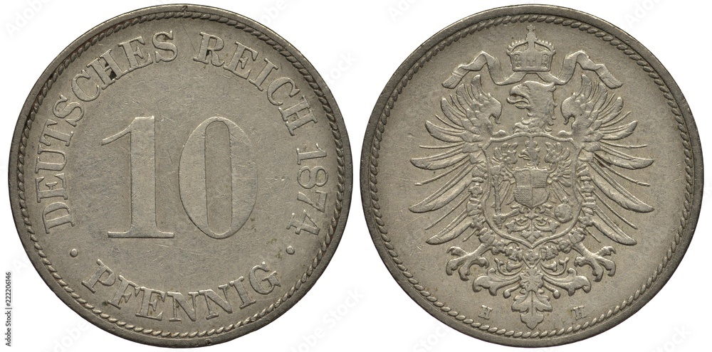 Germany German coin 10 ten pfennig 1874, value and date, imperial eagle ...