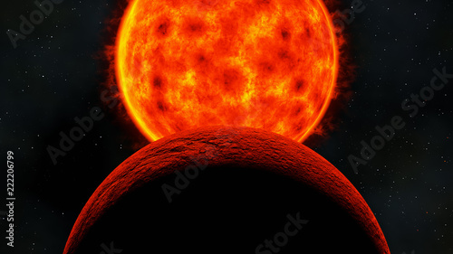 red dwarf star sun before eclipse rocky planet, 3d render