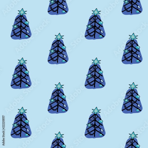 Lovely Christmas and New Year concept seamless pattern for winter holidays ornaments in bright colors. Stylish winter natural background in vector. Fir trees on blue background.