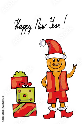 Cute Santa Pig with Gift Boxes, Merry Christmas and Happy New Year 2019 - Illustration Vector