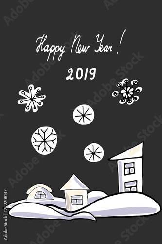 Cartoon houses of different shapes on a black background in snowdrifts. New Year sticker.