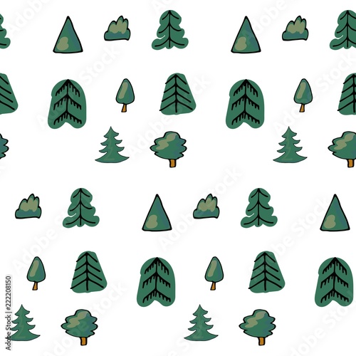 Green seamless pattern of different trees and bushes. Vector forest illustration on white background. Simple cartoon flat style. The best for design textile fabric paper, wallpaper, kids. Wrapping.