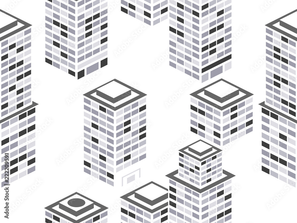 Cityscape seamless pattern. Isometric city buildings, metropolis. Black and white colors. Vector illustration