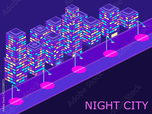 Urban landscape with isometric buildings lanterns and road. Violet color. Vector illustraion