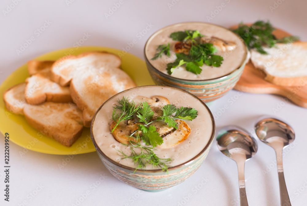 Food. Cream soup with сhampignon, greens, toasts Food. Cream soup with сhampignon, greens, toasts