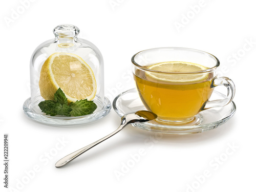 Tea, lemon, mint in glassware