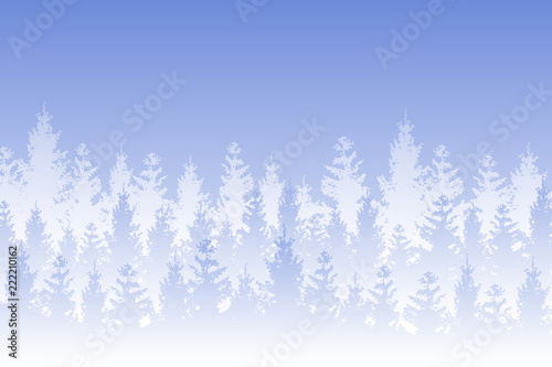 Vector winter forested landscape covered in white snow on blue background.