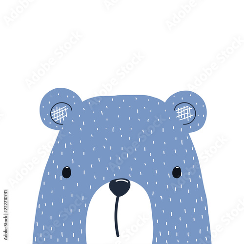 Blue bear kids graphic. Vector hand drawn illustration.