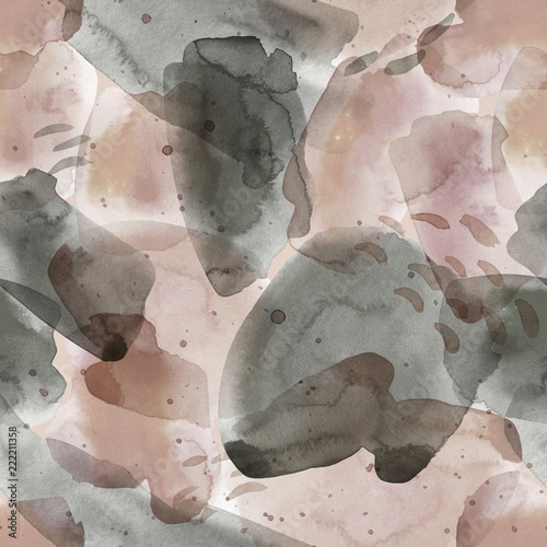 Pink seamless pattern illustration with watercolor pink, gra, blacky and beige spots and blemishes. Will be good for decor a postcard, posters,gift decor, wrapping paper, gift boxes, fabric and etc. photo