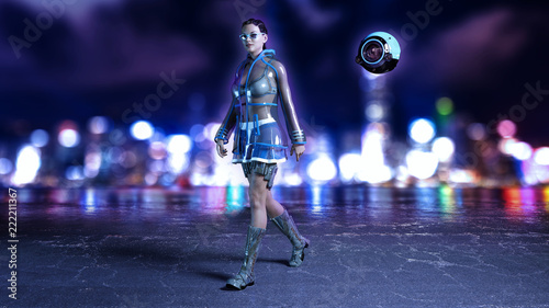 Sci-fi girl with flying drone wearing hi-tech outfit in futuristic city street at night, science fiction scene, 3D rendering © freestyle_images