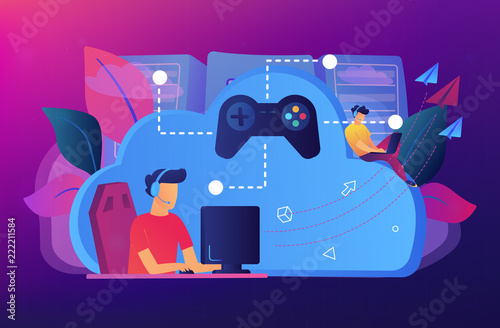 Two gamers playing computer connected with joystick. Gaming on demand, video and file streaming, cloud technology, various devices gaming concept, violet palette. Vector isolated illustration.