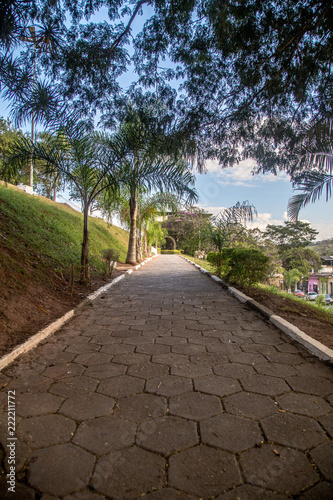 a path/road/way in a garden/park with a blue sky, green trees and a ground of stones. 