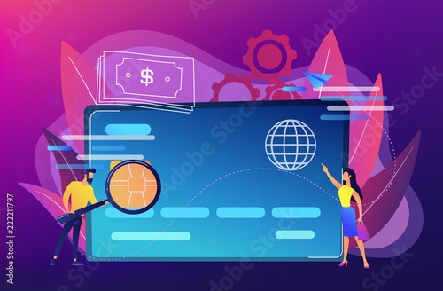Plastic bank card, microchip and man with magnifier. Credit card payment and shopping, e-commerce, bank technology, secure purchase online concept, violet palette. Vector isolated illustration.