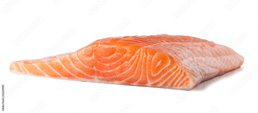 Raw salmon fillet slices, isolated on a white background.