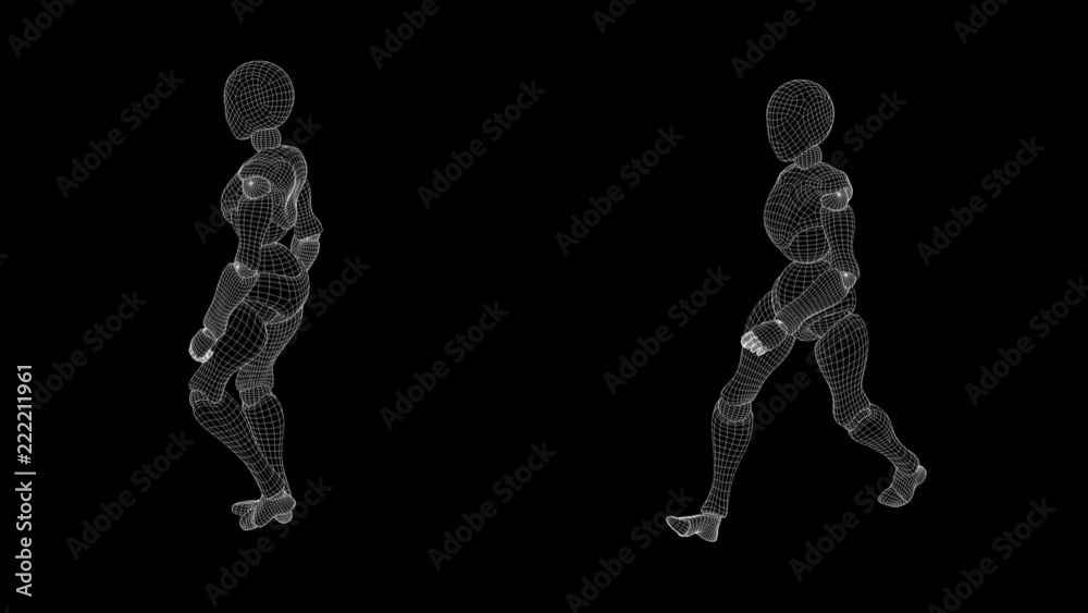 Wireframe: 360 degree high angle tracking shot, half and quarter-speed slow motion, female android - confident walk. Works as its own transparency mask. Seamless loop. Wireframe: 360 degree high angle tracking shot, half and quarter-speed slow motion, female android - confident walk. Works as its own transparency mask. Seamless loop.